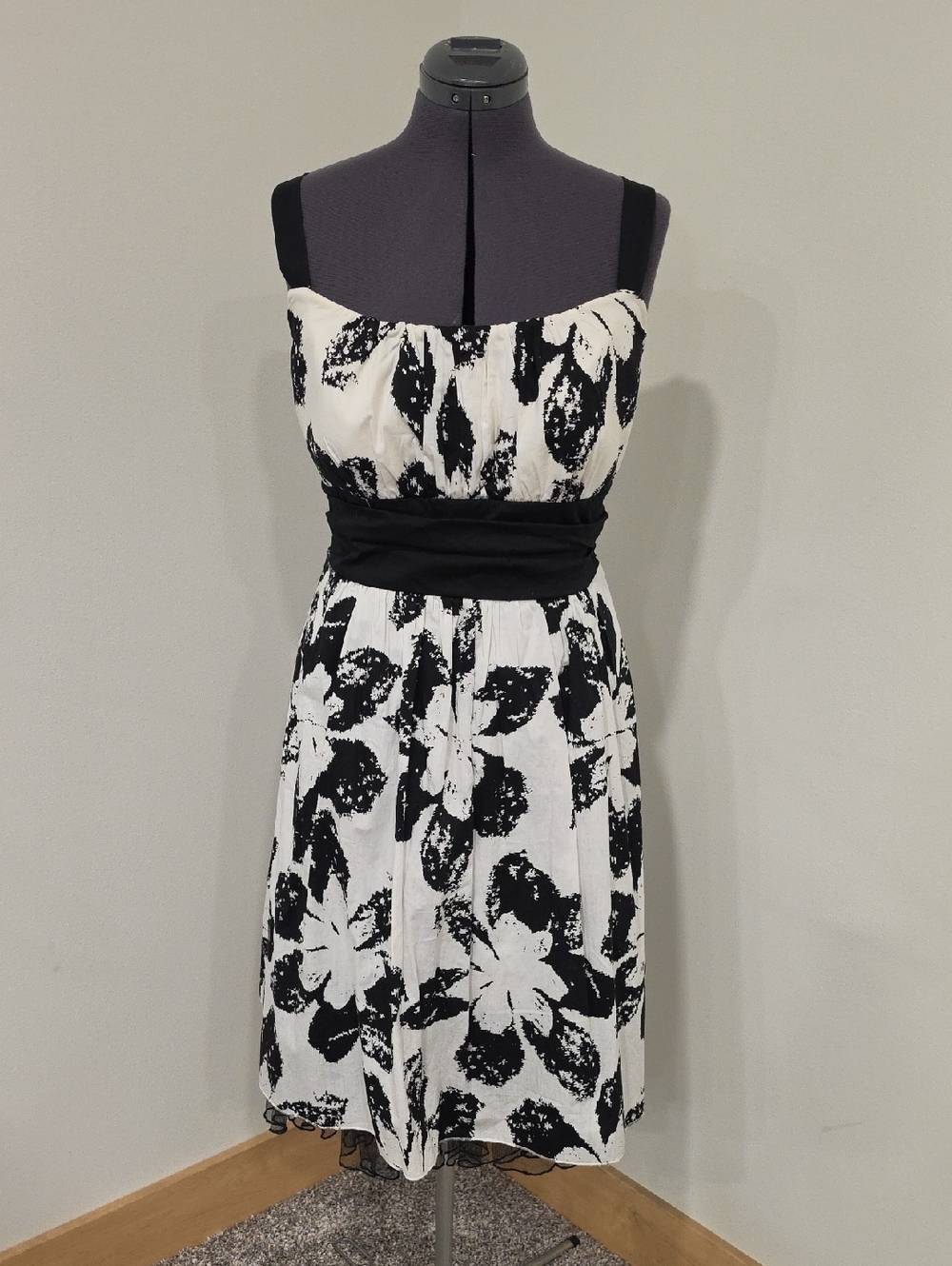 Maurices Black and White Floral Midi Dress with Black Waistband